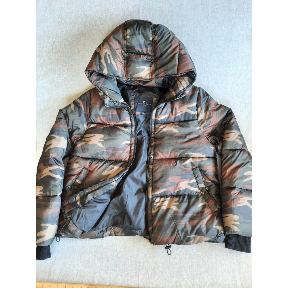 American Eagle Men Large Utility Down Puffer Jacket Full Zip Hoody Camo Military